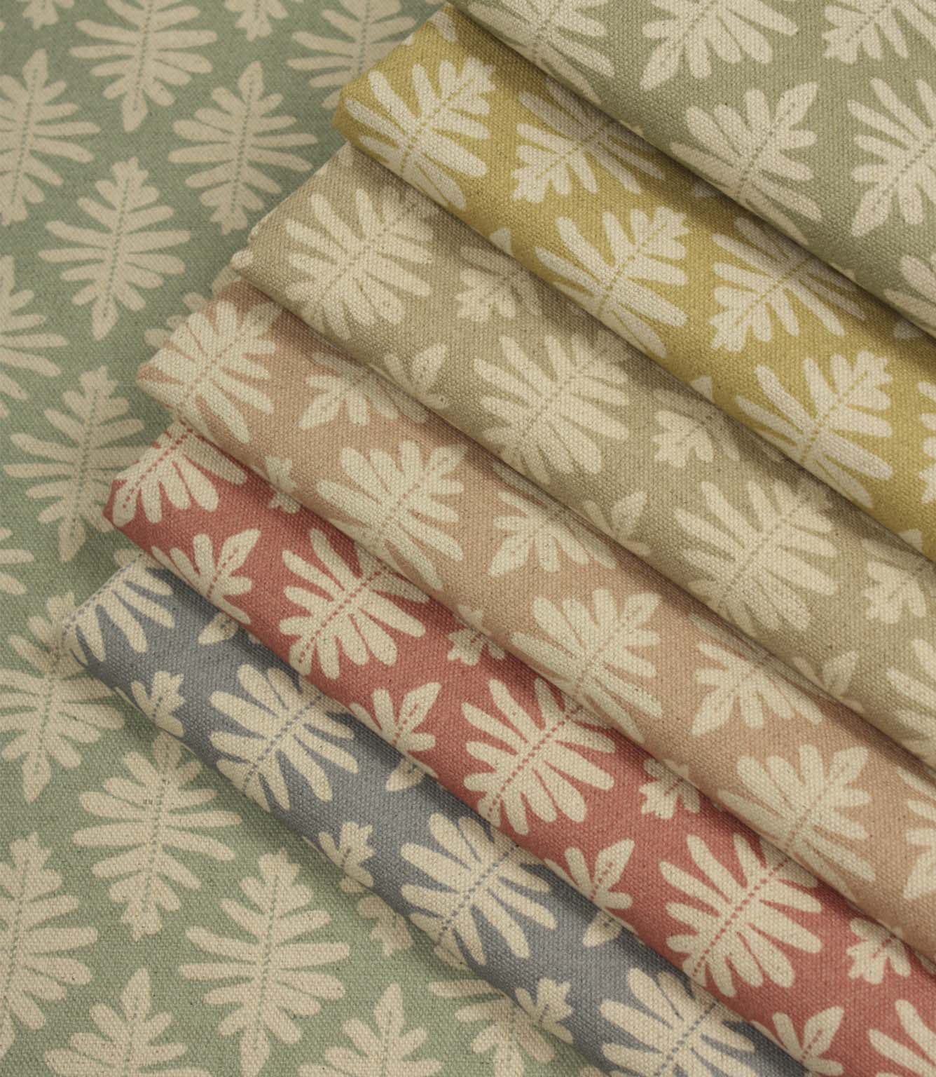 Ashleaf fabric collection featuring multiple colourways, showcasing the small-scale woven foliage design across coordinating contemporary shades suitable for curtains, blinds, cushions and upholstery.