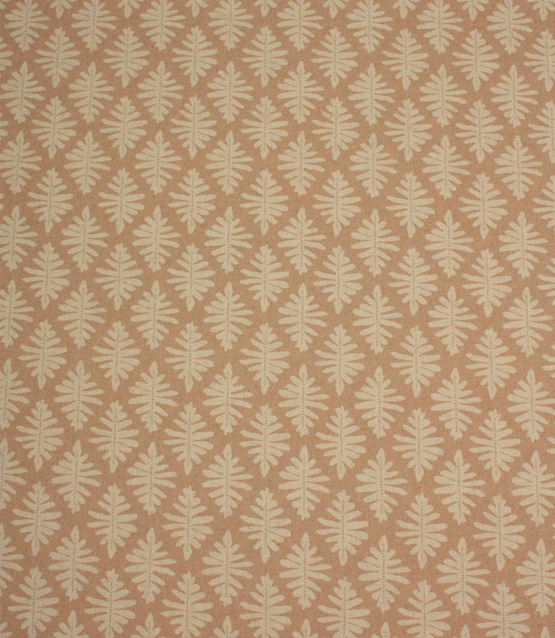 Ashleaf Tuskan Pink fabric featuring a repeating cream leaf motif on a soft dusky pink background.
