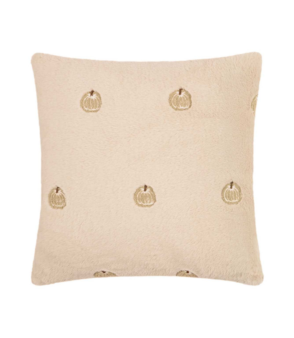 Natural cream faux fur Autumn Pumpkins cushion with small embroidered beige pumpkins scattered across the front on a white background.