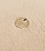 Close-up of a beige embroidered pumpkin motif with a brown stem on the soft natural cream faux fur cushion fabric.