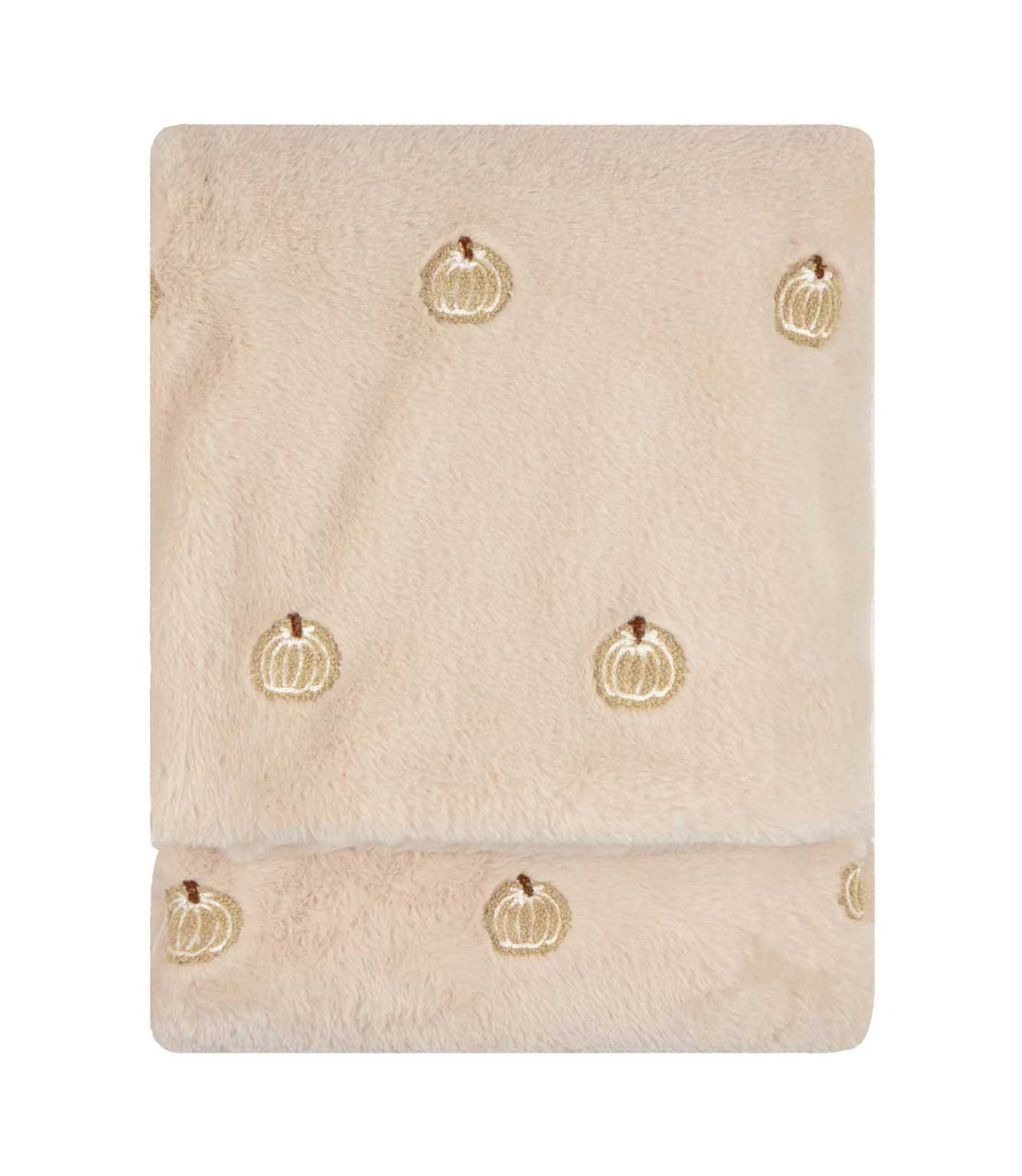 Folded natural cream Autumn Pumpkins faux fur throw with a soft plush texture and scattered beige, white and brown embroidered pumpkin motifs.