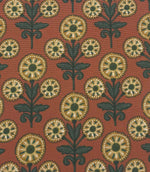 Full repeat view of Autumn Sunflower outdoor upholstery fabric with stylised floral patterns in mustard yellow, deep green, and burnt orange tones.