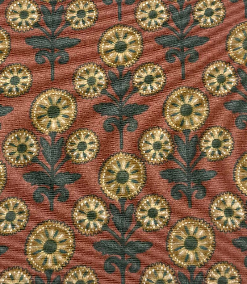 Full repeat view of Autumn Sunflower outdoor upholstery fabric with stylised floral patterns in mustard yellow, deep green, and burnt orange tones.