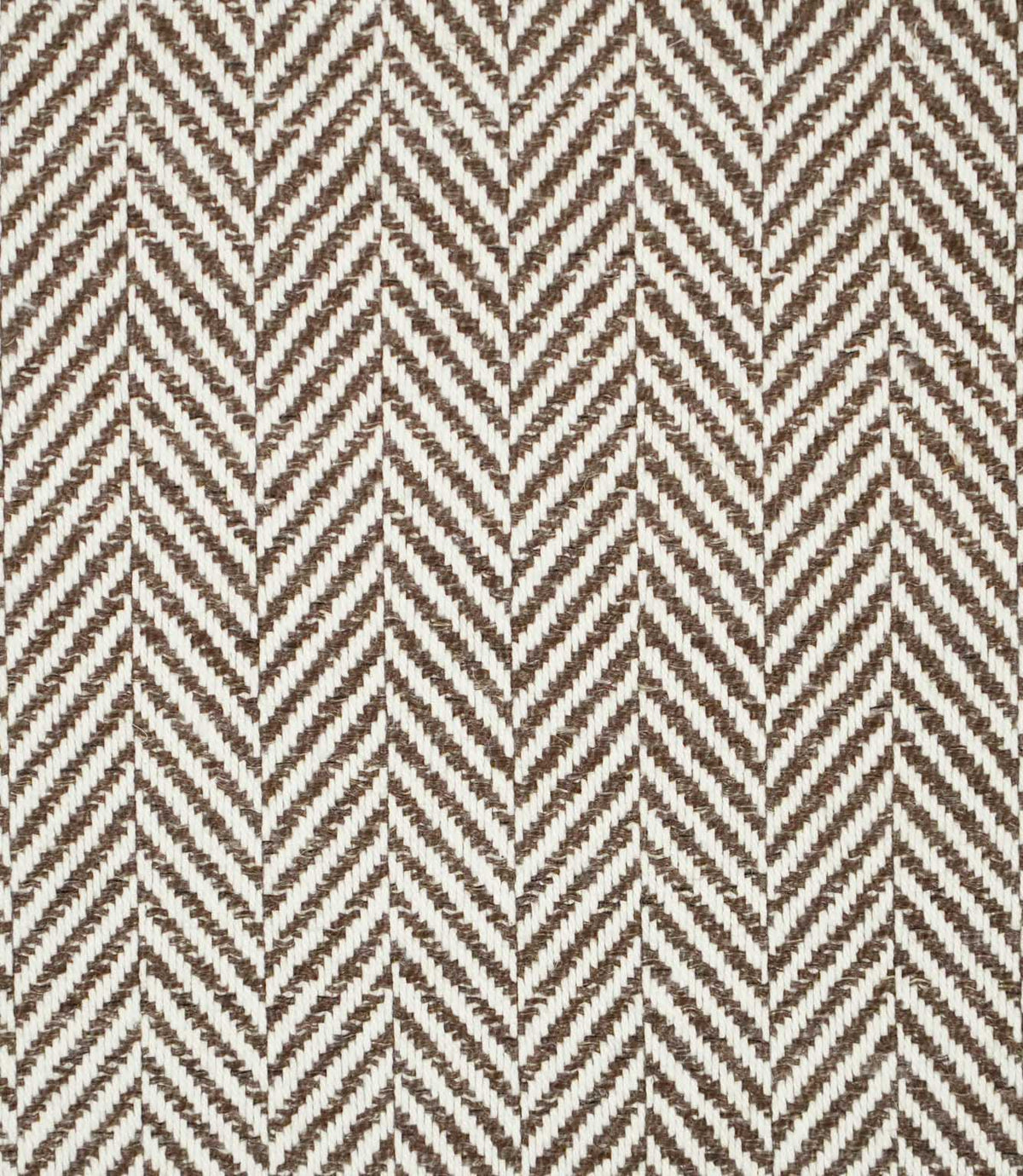 Bampton Bison herringbone fabric close-up, showing the textured chocolate brown and off-white woven chevron pattern with clearly visible yarn detail.