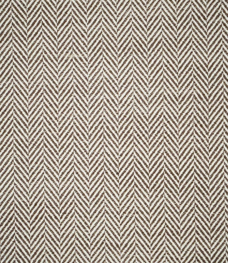 Bampton Bison herringbone fabric shown flat, displaying the repeating brown and off-white chevron design across the full textured woven surface.