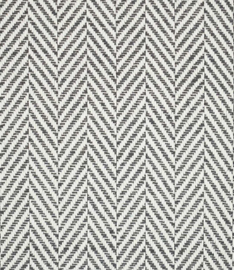 Bampton Grey herringbone fabric close-up, showing the textured woven grey and off-white chevron design and detailed individual yarns.