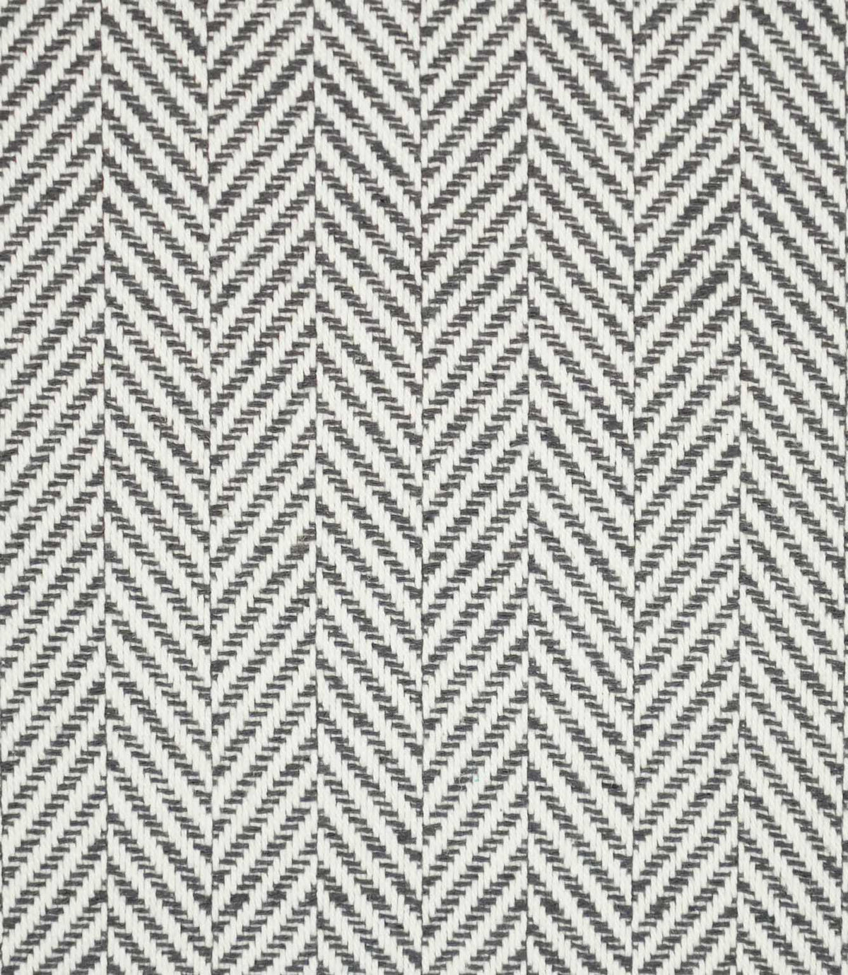 Bampton Grey herringbone fabric close-up, showing the textured woven grey and off-white chevron design and detailed individual yarns.