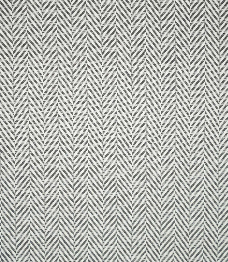 Bampton Grey herringbone fabric shown flat, displaying the repeating grey and off-white chevron pattern across the full width of the woven material.