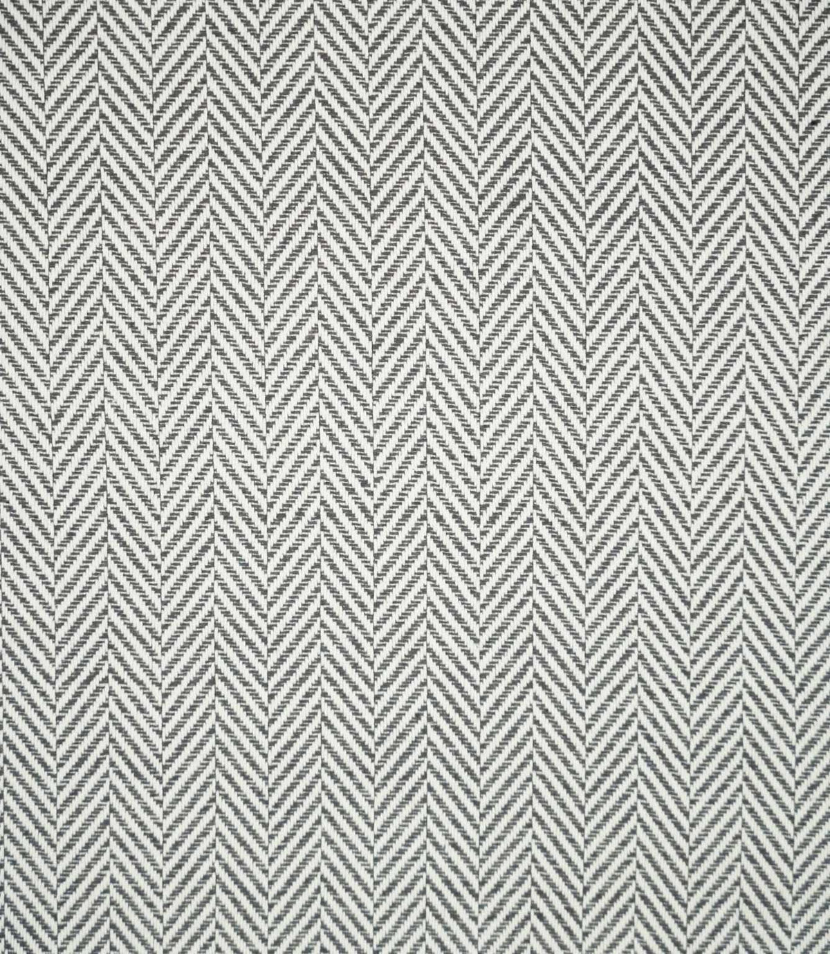 Bampton Grey herringbone fabric shown flat, displaying the repeating grey and off-white chevron pattern across the full width of the woven material.