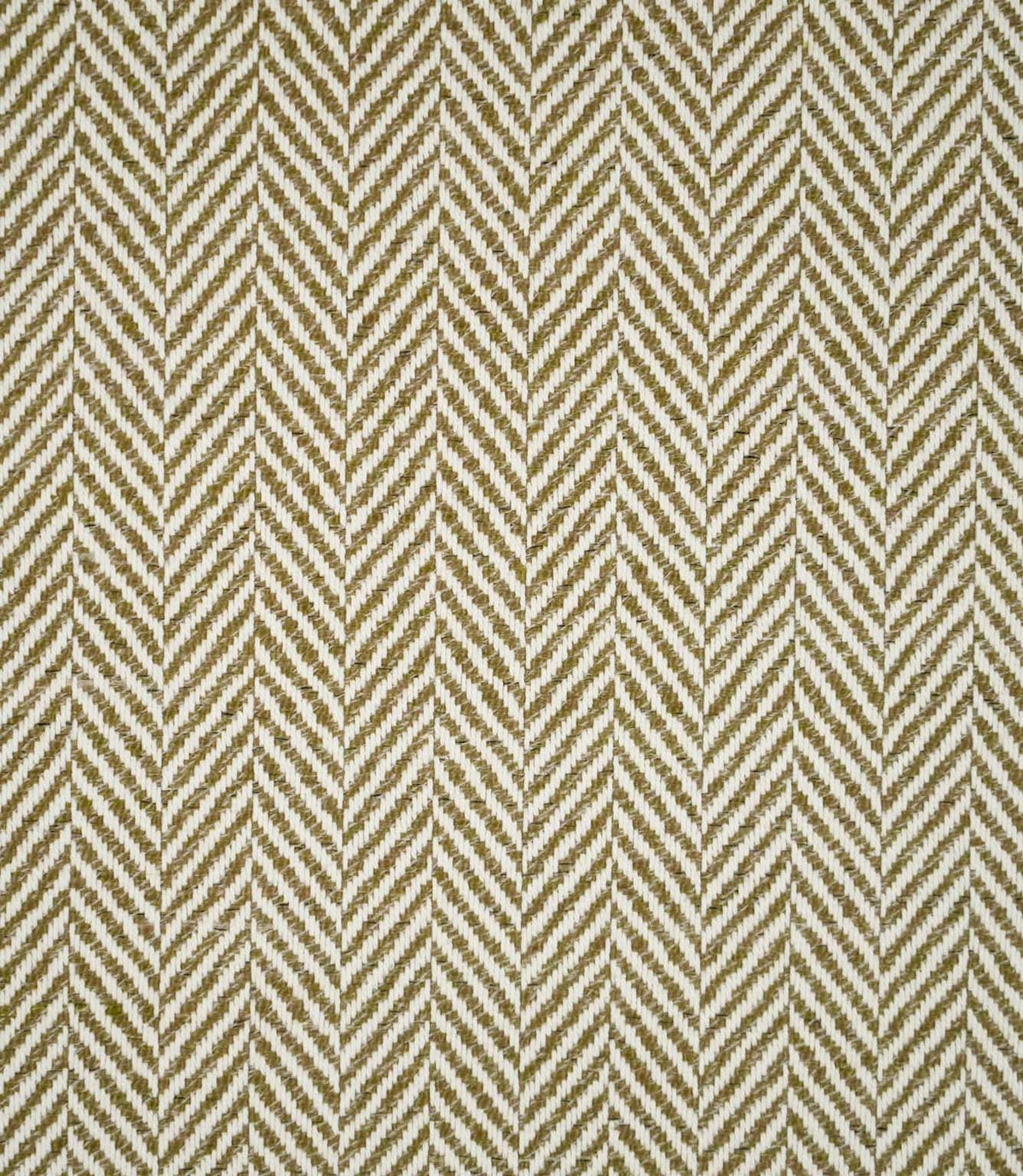 Bampton Matcha herringbone fabric close-up, showing the textured olive green and off-white woven chevron pattern with visible yarn detail.