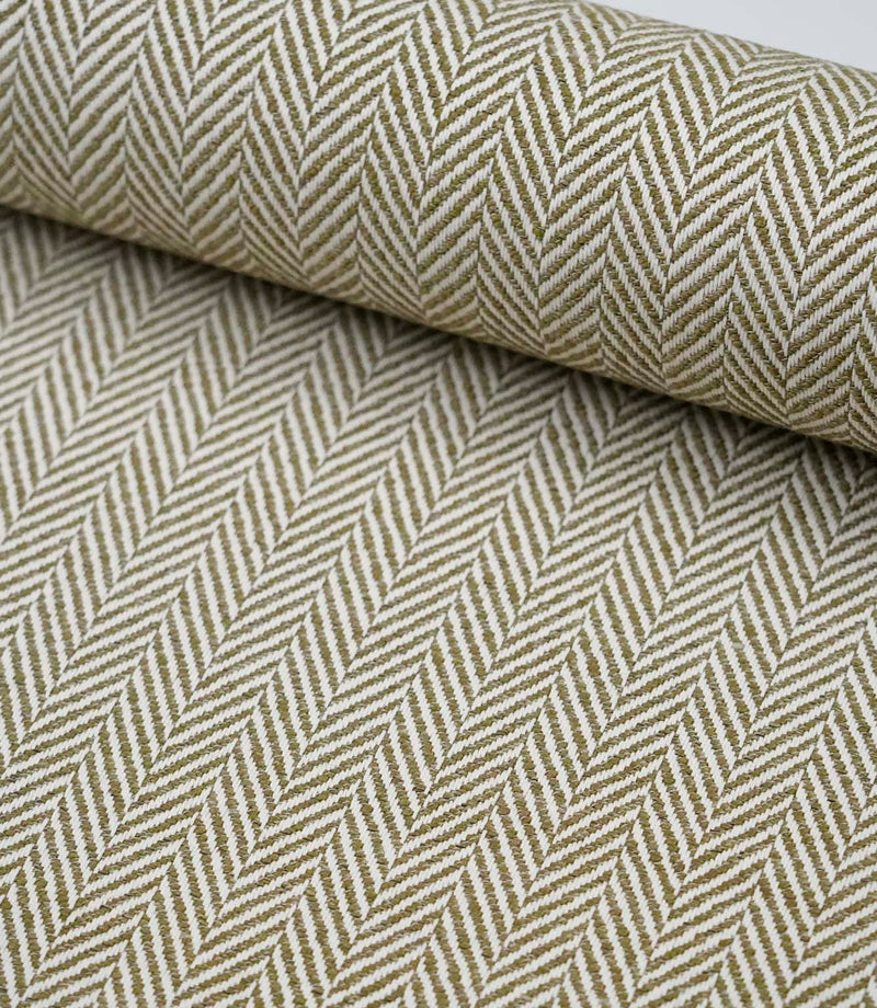 Wide view of Bampton Matcha woven herringbone fabric showcasing the continuous chevron pattern across the fabric width.