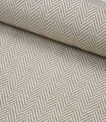 Rolled Bampton Taupe upholstery fabric featuring a woven herringbone chevron pattern in taupe and ivory, ideal for curtains, blinds and upholstery projects.