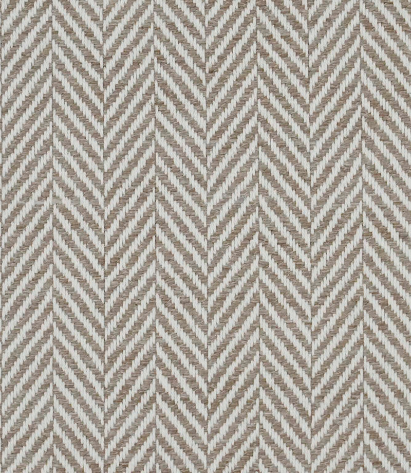 Close-up of Bampton Taupe woven herringbone upholstery fabric featuring a classic chevron design in soft taupe and ivory with a textured finish.