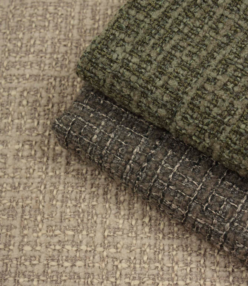 Bellmere Forest upholstery fabric alongside coordinating neutral and charcoal colourways from the Bellmere collection.