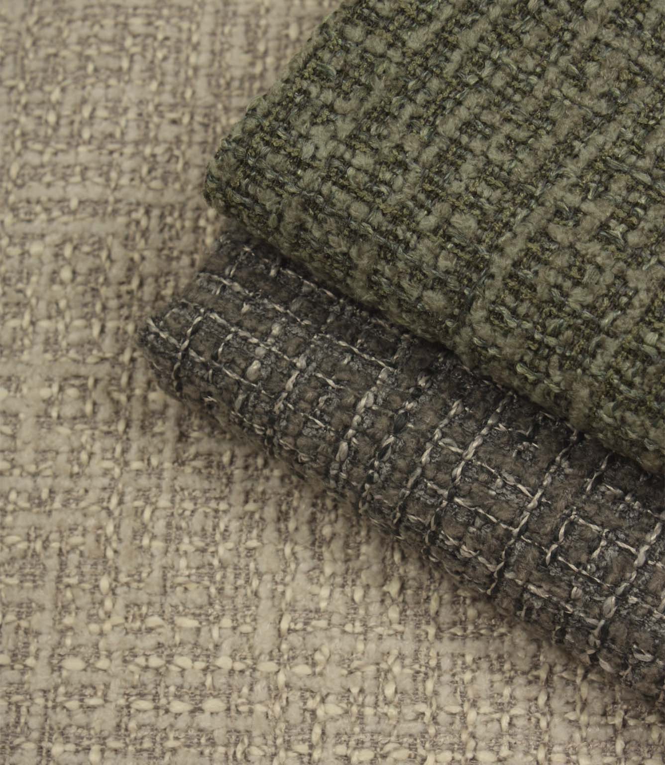 Bellmere Forest upholstery fabric alongside coordinating neutral and charcoal colourways from the Bellmere collection.