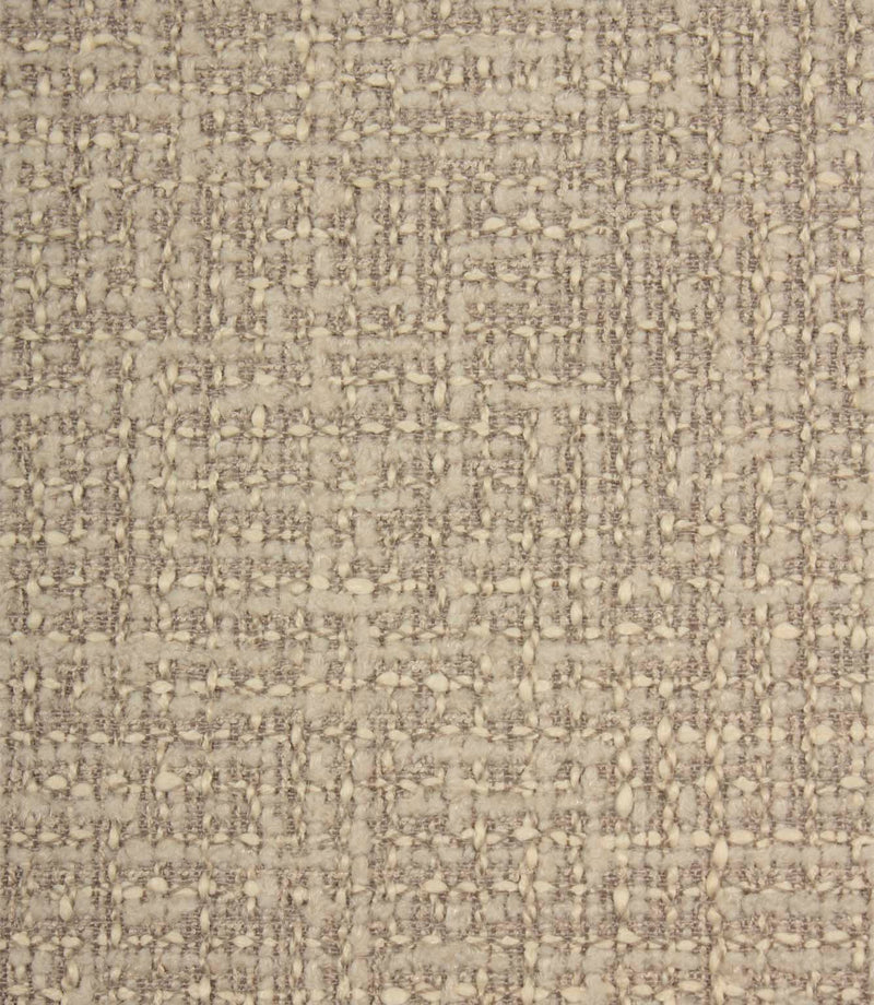 Close-up detail of Bellmere Stone upholstery fabric highlighting the intricate boucle texture, woven structure and subtle tonal variation.