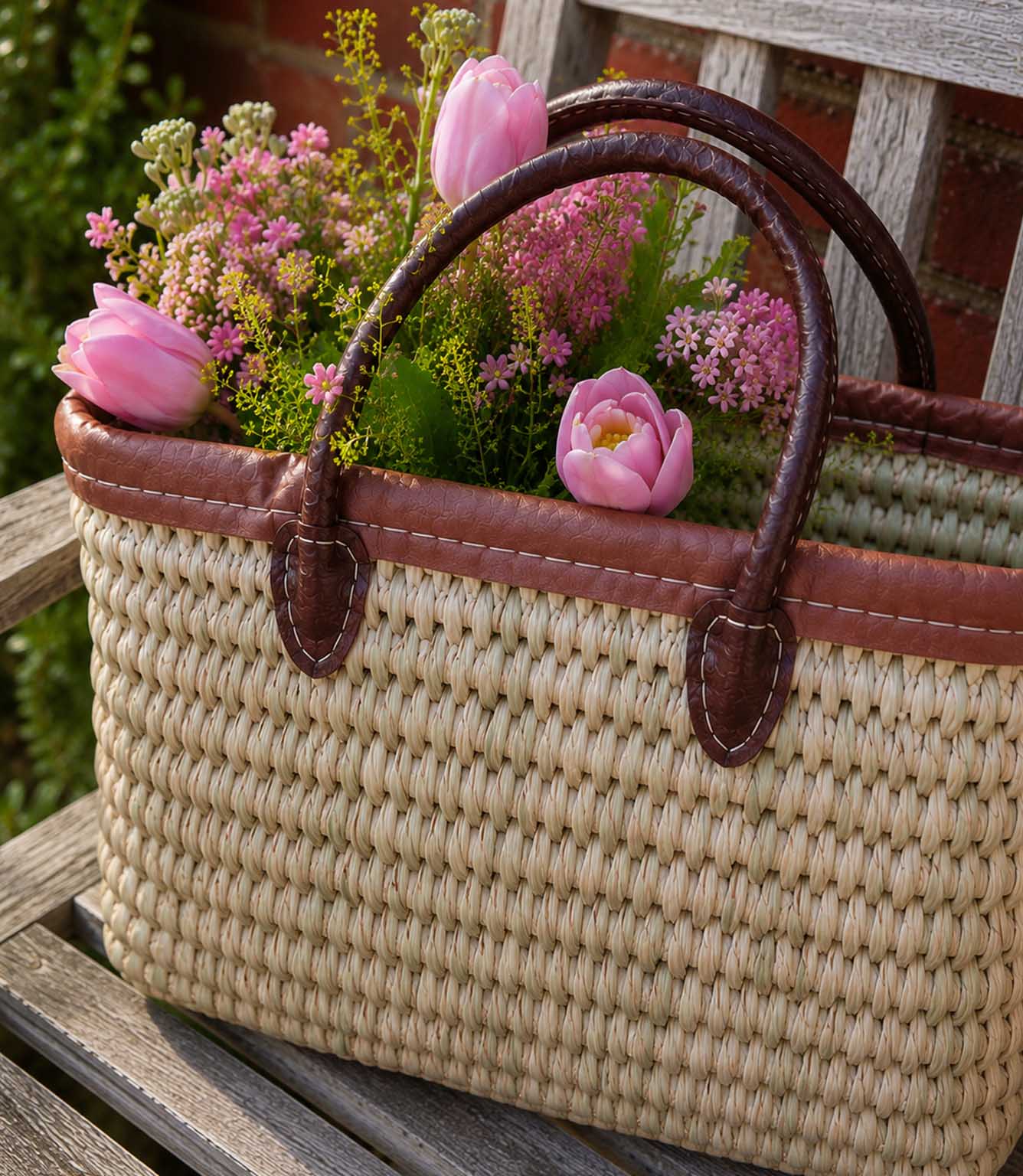 Woven basket tote bag with brown leather trim and handles