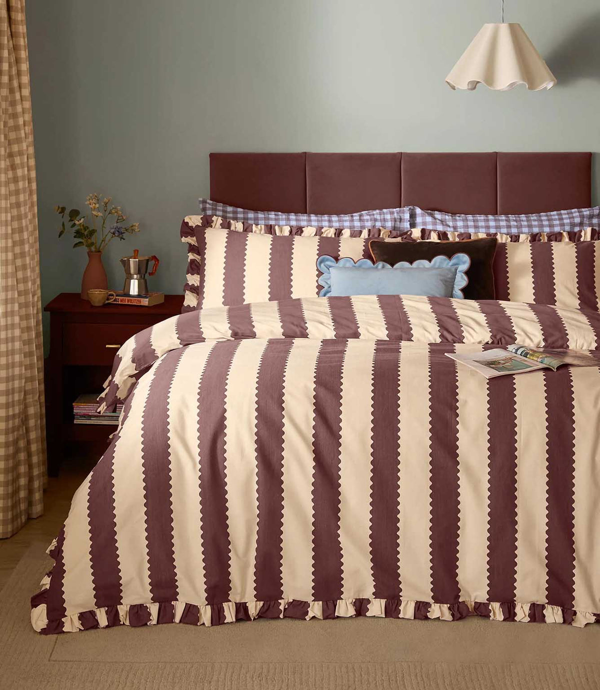 Birdie Stripe Ruffle Duvet Cover Set Buttermilk/Chocolate