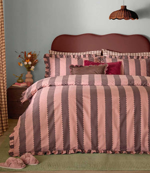 Birdie Stripe Ruffle Duvet Cover Set Rose/Chocolate