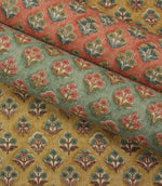 Three colourways of Boho Blossom floral fabric displayed together in mustard yellow, sage green and terracotta tones.