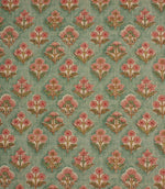 Vintage-inspired floral fabric featuring delicate pink and green botanical motifs on a soft sage green background.