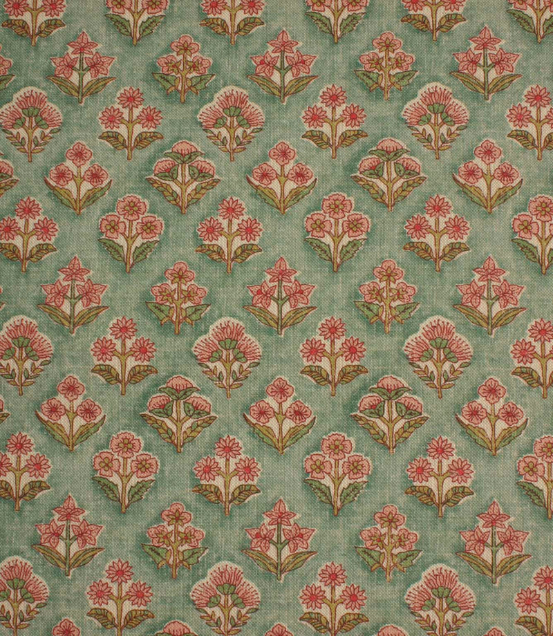 Vintage-inspired floral fabric featuring delicate pink and green botanical motifs on a soft sage green background.