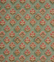 Vintage-inspired floral fabric featuring delicate pink and green botanical motifs on a soft sage green background.