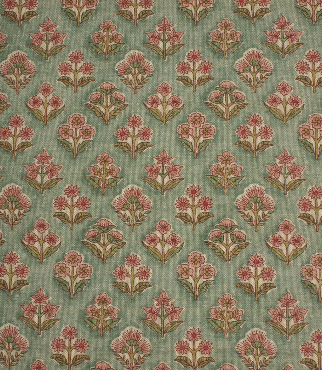 Vintage-inspired floral fabric featuring delicate pink and green botanical motifs on a soft sage green background.