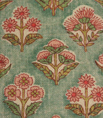 Close-up of small-scale floral print fabric showing detailed botanical illustrations and textured weave.