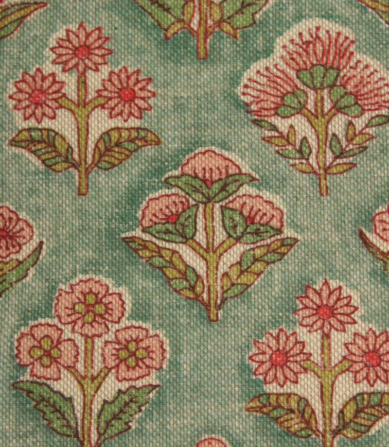 Close-up of small-scale floral print fabric showing detailed botanical illustrations and textured weave.