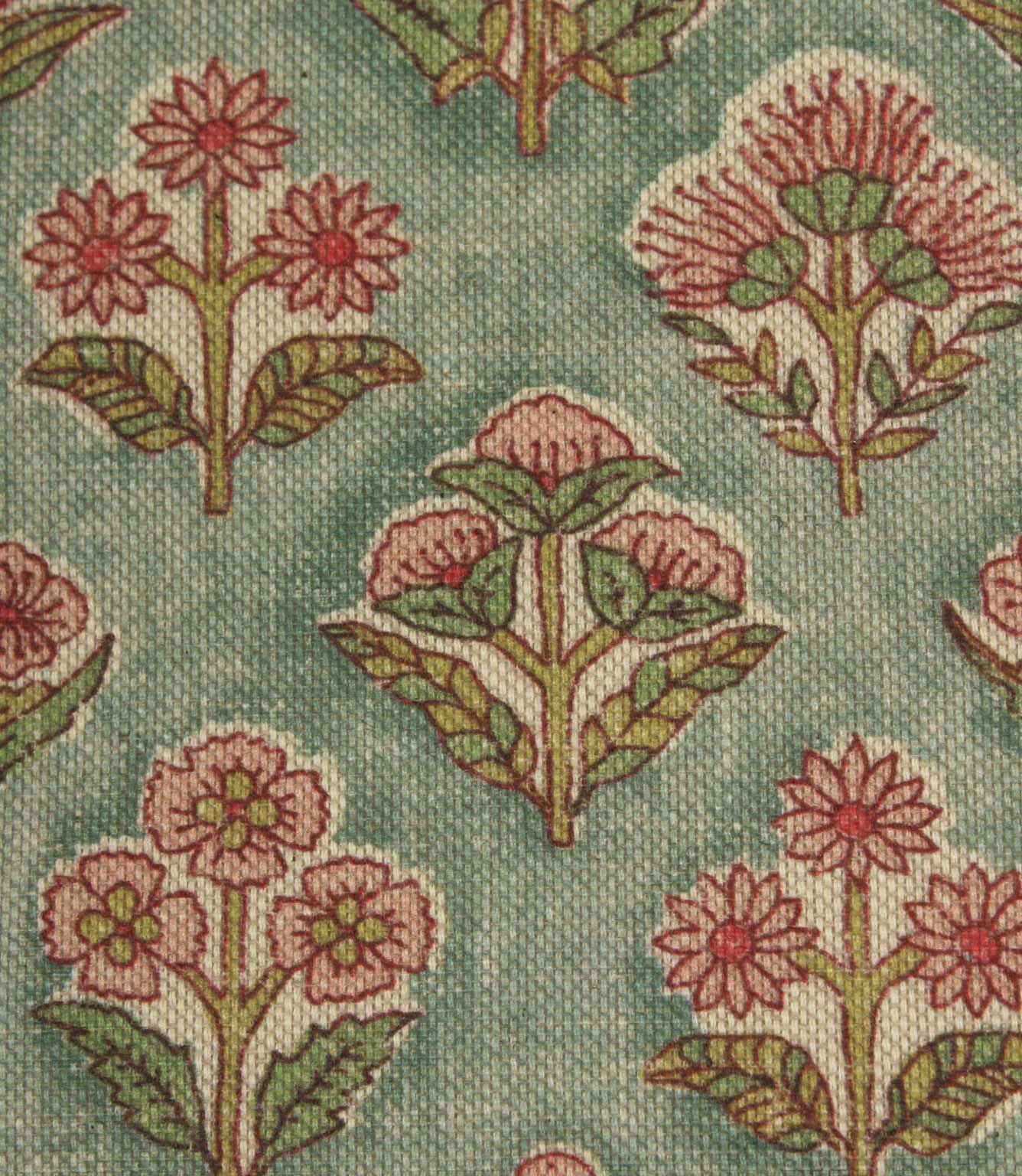 Close-up of small-scale floral print fabric showing detailed botanical illustrations and textured weave.