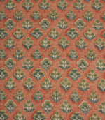 Boho Blossom ditsy floral fabric featuring small-scale botanical motifs in soft mustard yellow and slate blue on a warm terracotta background.