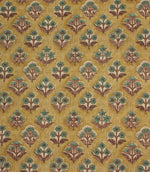 Boho Blossom ditsy floral fabric with teal and brown botanical motifs on a warm mustard yellow background.