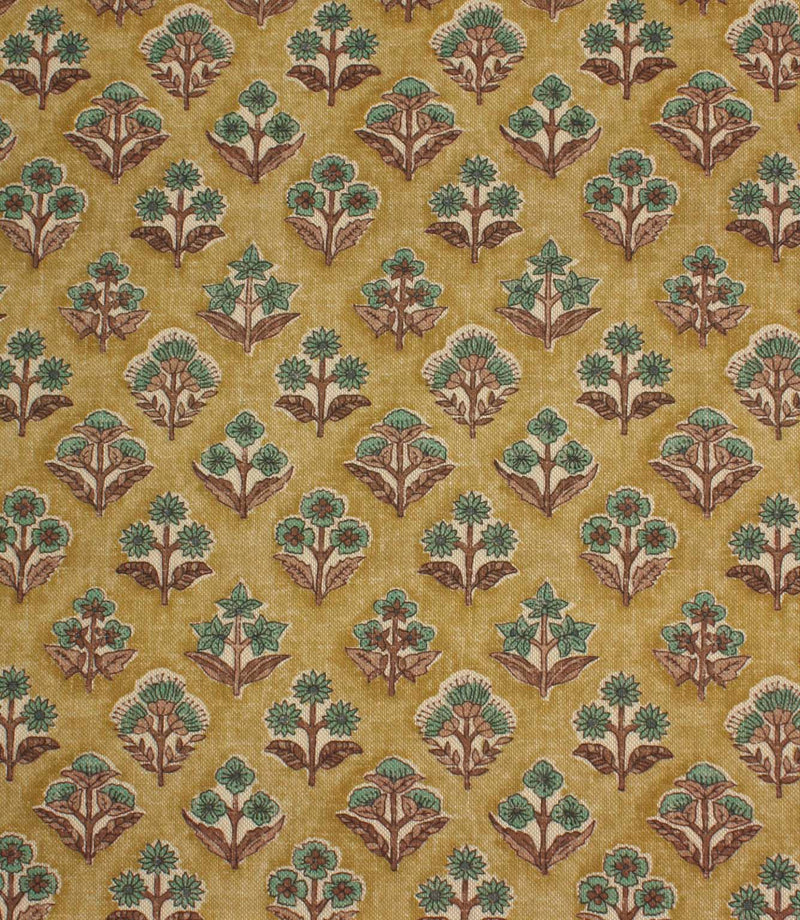 Boho Blossom ditsy floral fabric with teal and brown botanical motifs on a warm mustard yellow background.