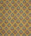 Boho Blossom ditsy floral fabric with teal and brown botanical motifs on a warm mustard yellow background.