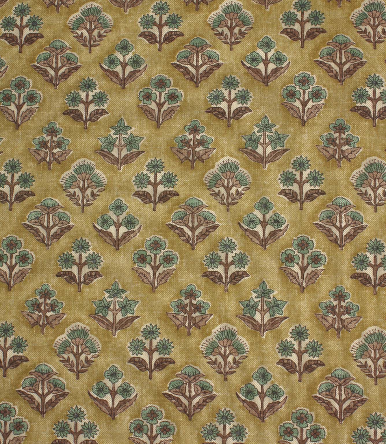 Boho Blossom ditsy floral fabric with teal and brown botanical motifs on a warm mustard yellow background.