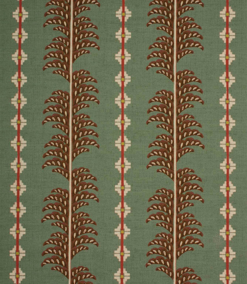 Boho Trail Mineral patterned furnishing fabric featuring a stylised botanical stripe design in soft mineral green with terracotta and cream detailing.