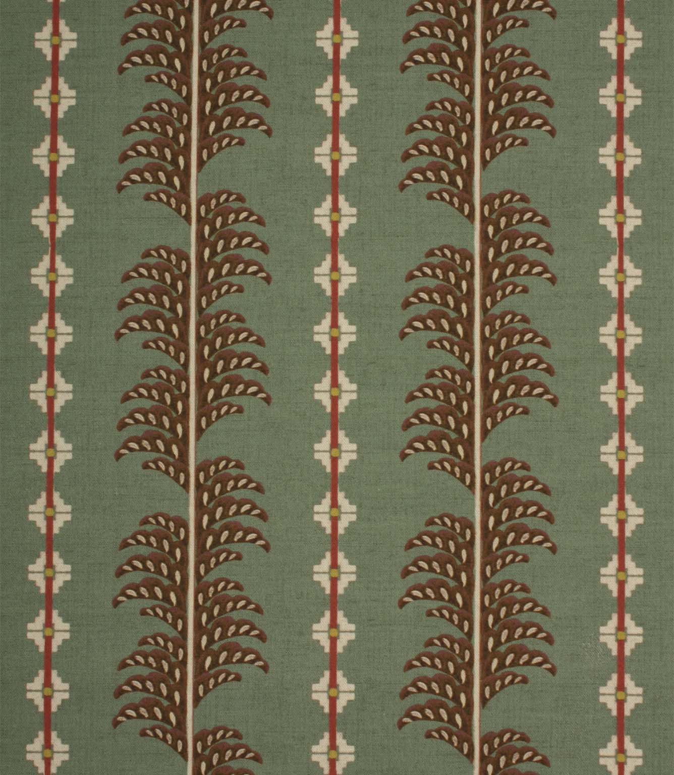 Boho Trail Mineral patterned furnishing fabric featuring a stylised botanical stripe design in soft mineral green with terracotta and cream detailing.