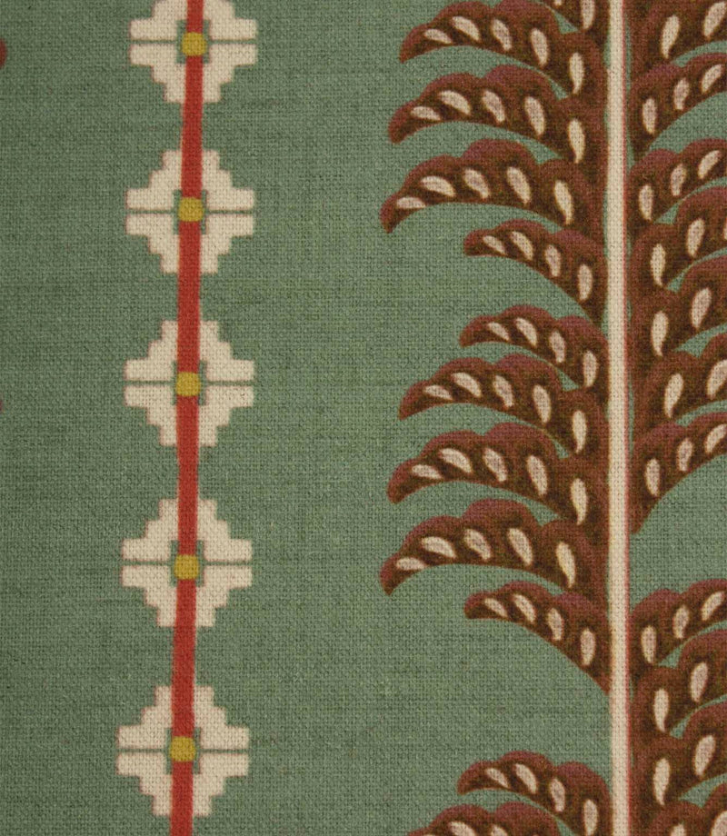 Close-up of Boho Trail Mineral fabric showcasing the decorative botanical stripe pattern, geometric accents and woven fabric texture.