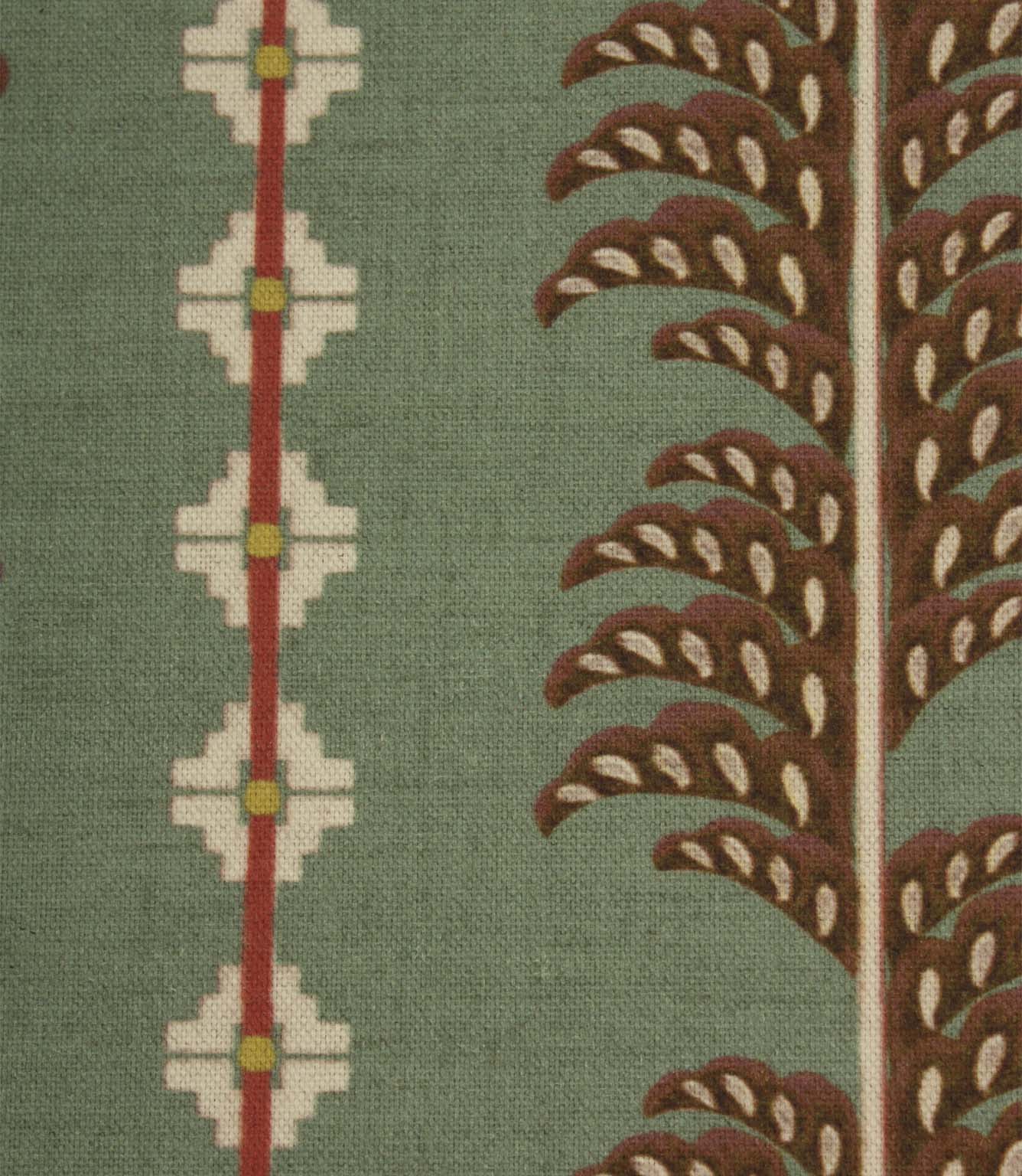 Close-up of Boho Trail Mineral fabric showcasing the decorative botanical stripe pattern, geometric accents and woven fabric texture.