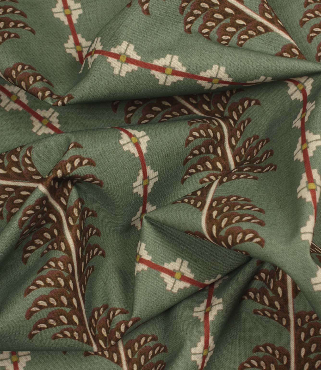 Boho Trail Mineral printed fabric draped to demonstrate its handle and decorative botanical design for interior furnishings and soft furnishings.
