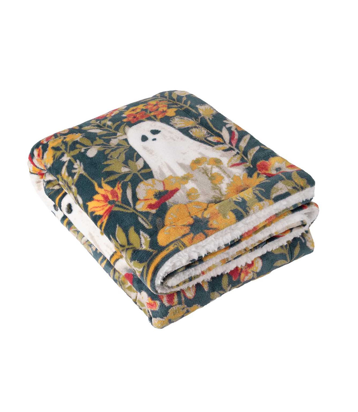 Folded Bootanical Sherpa fleece throw with a dark teal botanical pattern of white ghosts, orange pumpkins and colourful autumn flowers, finished with a fluffy white Sherpa lining.