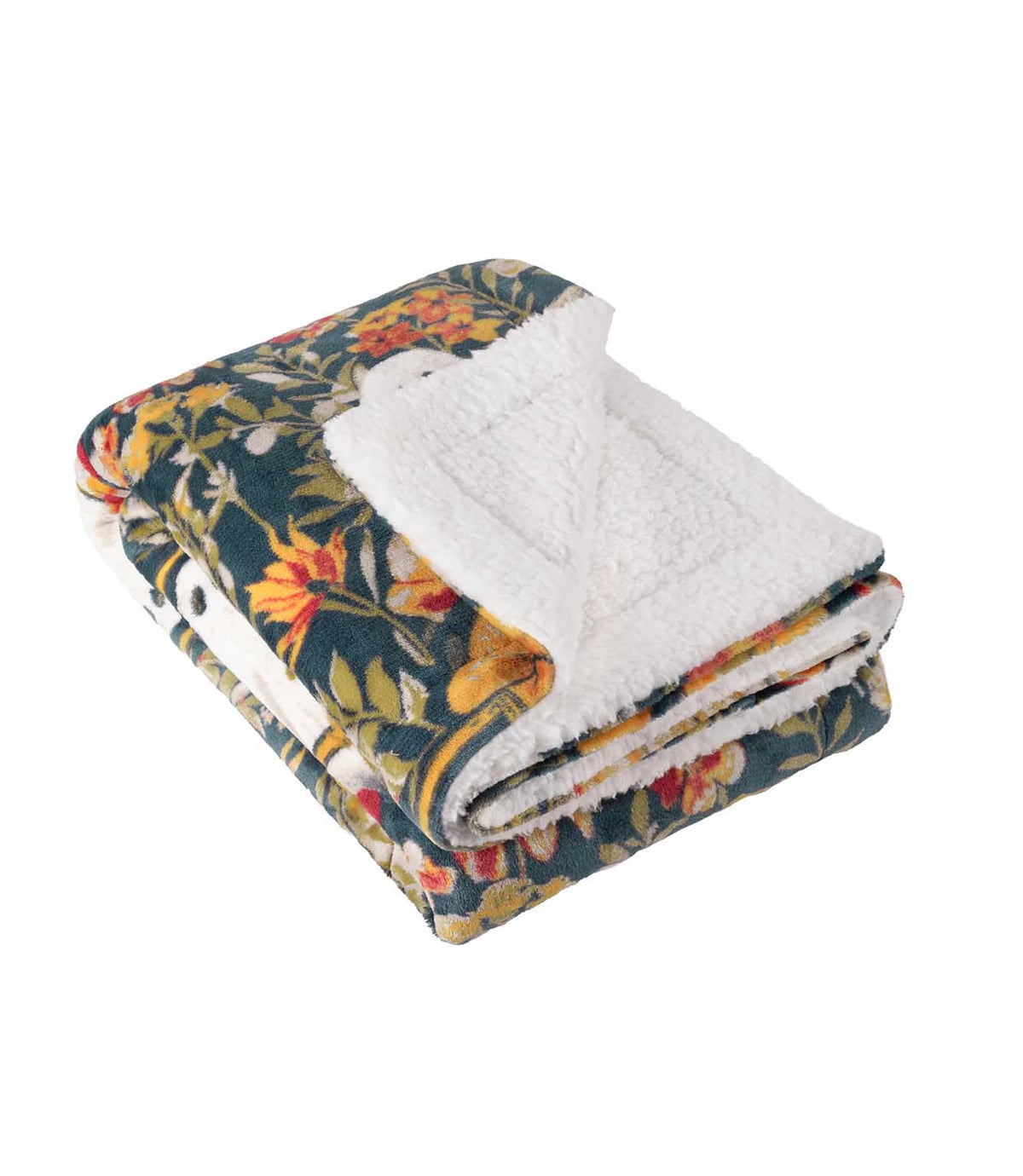 Folded Bootanical Sherpa fleece throw partially opened to reveal the thick, fluffy white Sherpa reverse beneath the multicoloured ghost, pumpkin and floral print.