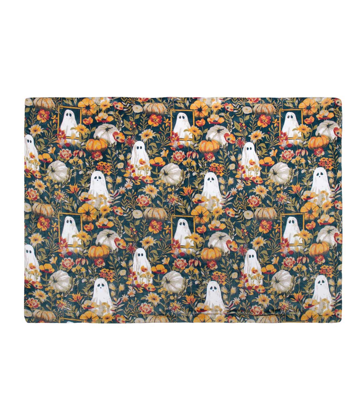 Full view of the Bootanical Sherpa fleece throw featuring repeating white ghosts, orange and cream pumpkins, red and yellow flowers and green foliage on a dark teal background.