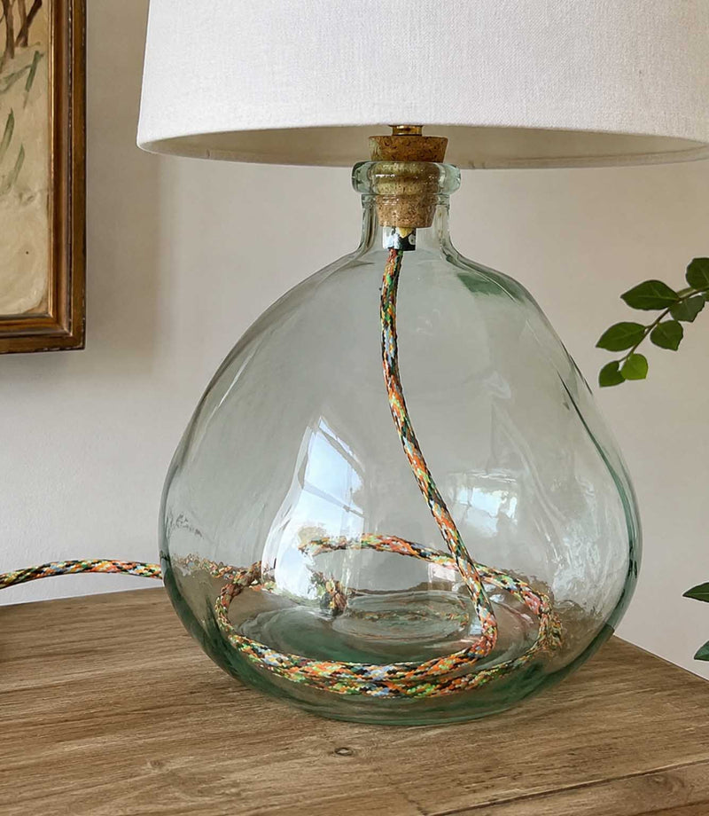 Glass lamp base in natural clear colour with multi-coloured flex