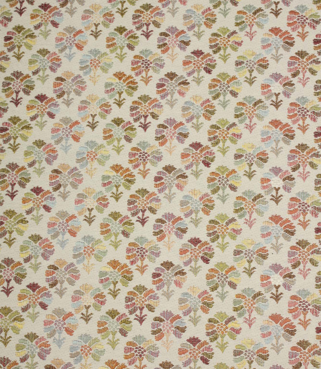 Briar Sprig Jasmine woven floral fabric featuring multicoloured botanical sprigs in soft pink, sage green, blue, terracotta and ochre on a natural cream background.