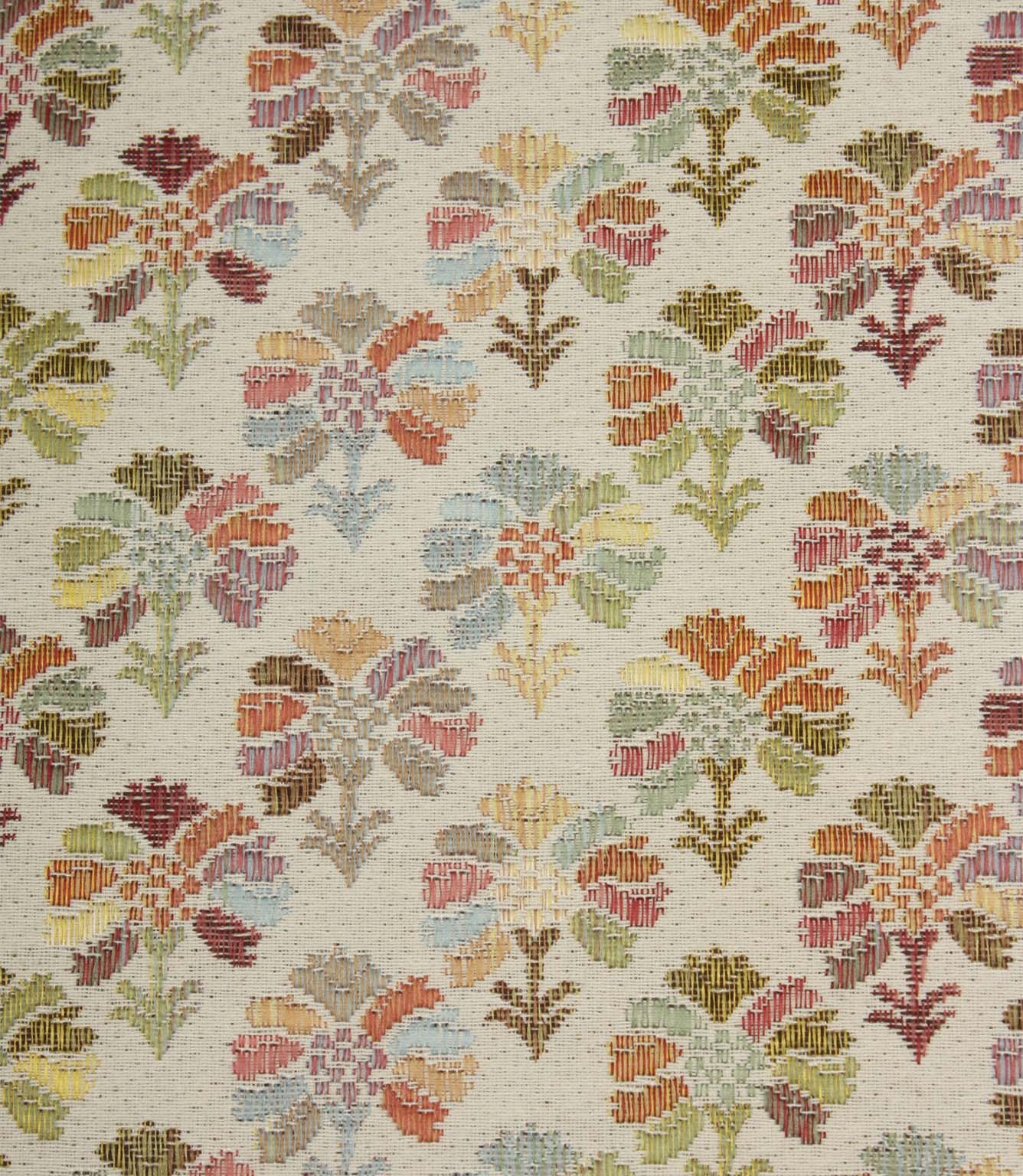 Close-up of Briar Sprig Jasmine contemporary woven foliage fabric showing intricate floral motifs in pink, green, blue, coral and golden tones on cream.