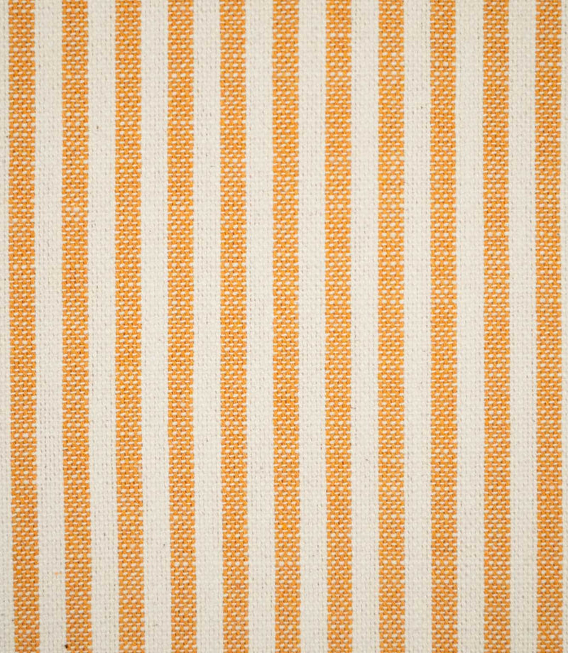 Close-up of Broadway Stripe Sunflower fabric featuring evenly spaced vertical sunflower orange and warm off-white stripes, with the detailed woven construction clearly visible across the textured surface.