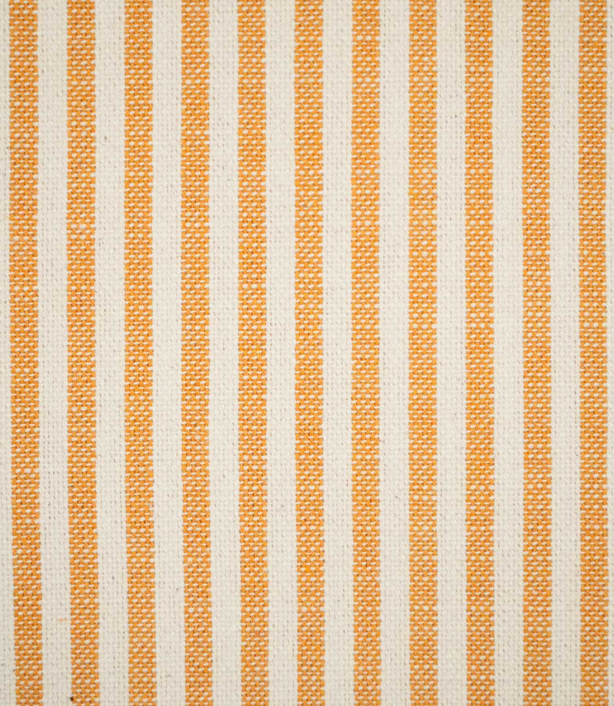 Close-up of Broadway Stripe Sunflower fabric featuring evenly spaced vertical sunflower orange and warm off-white stripes, with the detailed woven construction clearly visible across the textured surface.