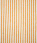 Full view of Broadway Stripe Sunflower striped fabric showing a consistent repeat of narrow sunflower orange stripes alternating with wider warm off-white stripes, creating a simple, timeless linear design with a natural woven texture.